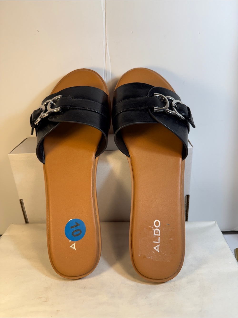 Aldo Black Slide Mules with Tan Footbed and Silver Hardware